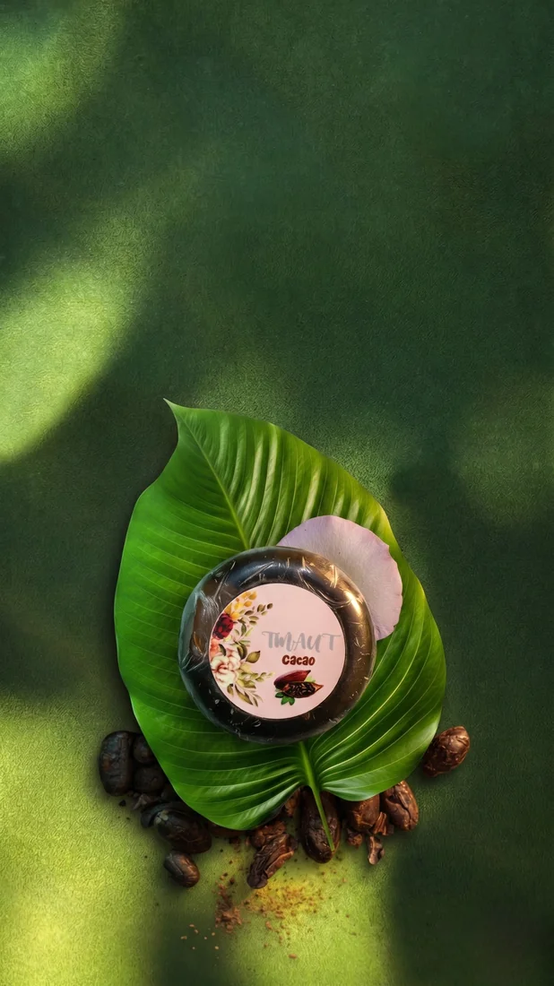Jabón de cacao TMAUT sobre hoja verde